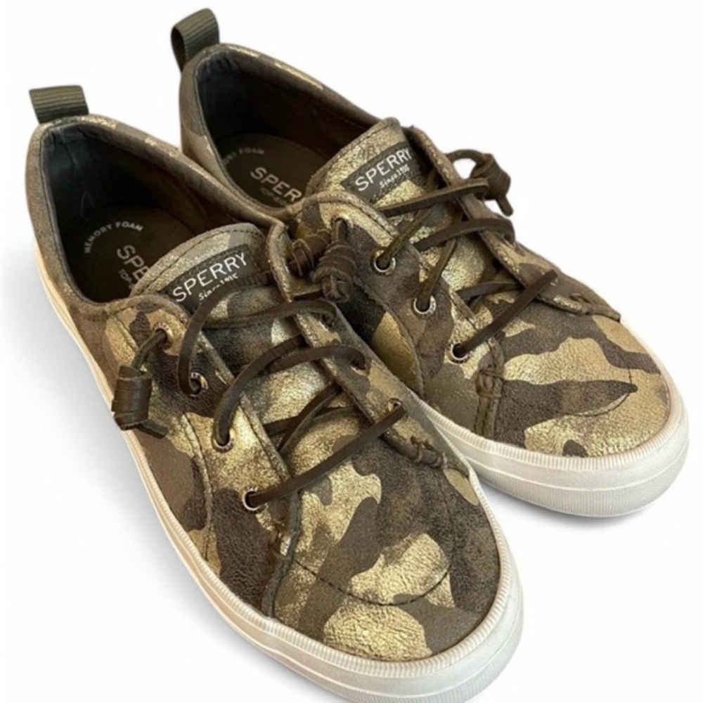 Women Sperry Crest Vibe Canvas Barrel Lace Sneakers Foil Green/Gold Camo Size 7